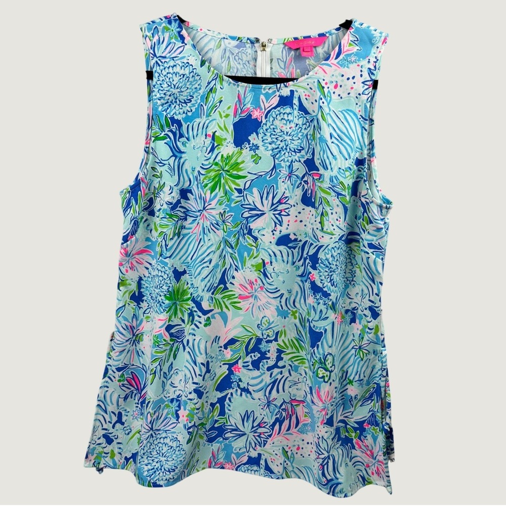 Lilly Pulitzer Sleeveless Blouse Womens XL Blue Floral Tropical Zipper Top